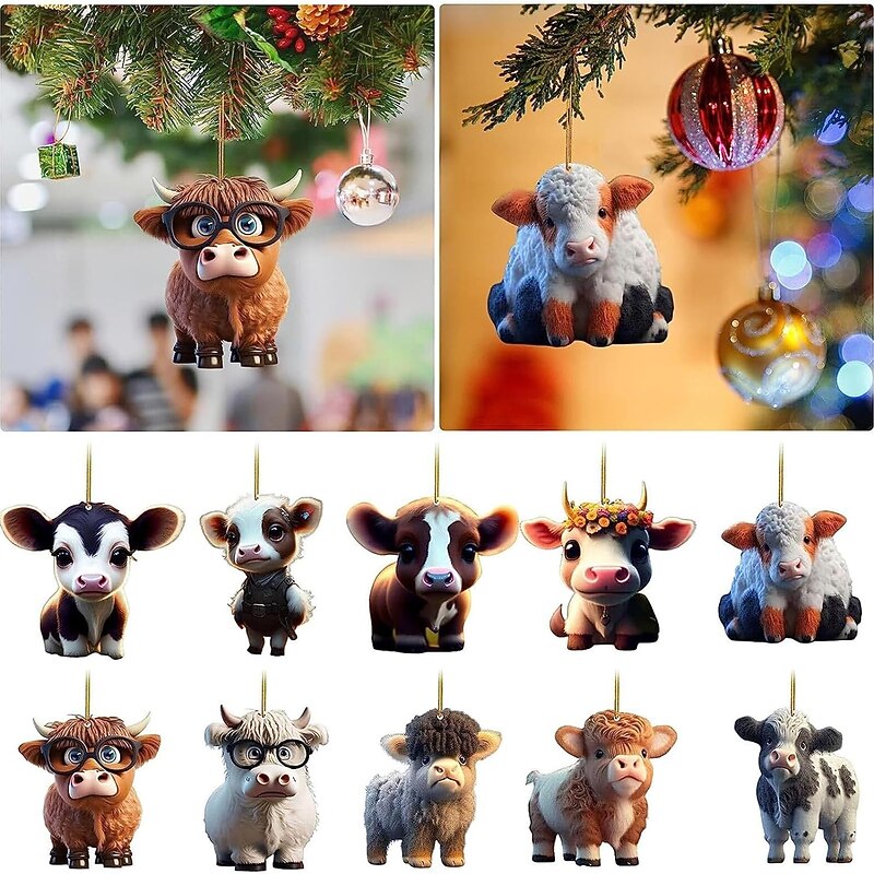 10pcs/set Christmas Tree Ornaments Cow Hanging Decorations Cute Cow Christmas Ornament 2025 New 2D Acrylic Crafts Hanging Ornament New Year Festive Party Supplies Room Hanging Decor