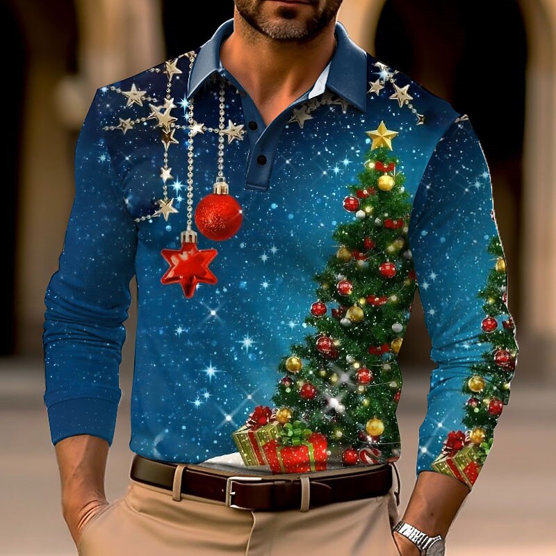 Christmas Men's Christmas tree 3D Polo Tree Casual Golf Long Sleeve Outdoor Casual Daily Streetwear Fall & Winter 3D Print Turndown Wine Blue Dark Green Micro-elastic Polyester2