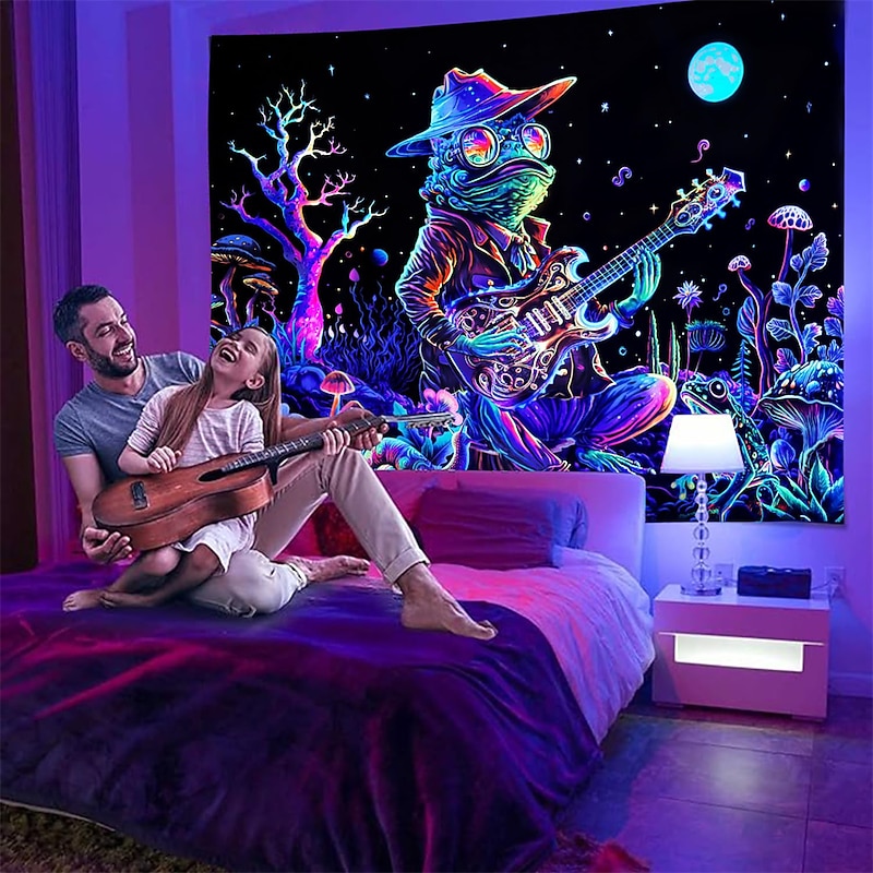 Blacklight Tapestry UV Reactive Glow in the Dark Glow Party Neon Trippy Misty Frog Guitar Hanging Tapestry Wall Art Mural for Living Room Bedroom4