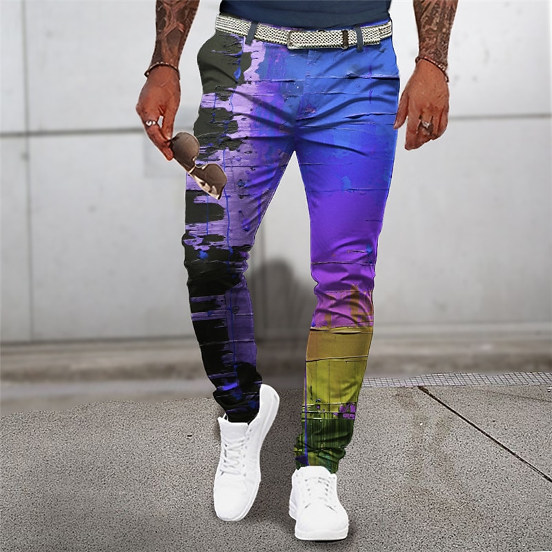 Gradual Abstract Men's 3D Print Pants Trousers Outdoor Street Going out Polyester Yellow Blue Orange S M L Mid Waist Elasticity Pants3