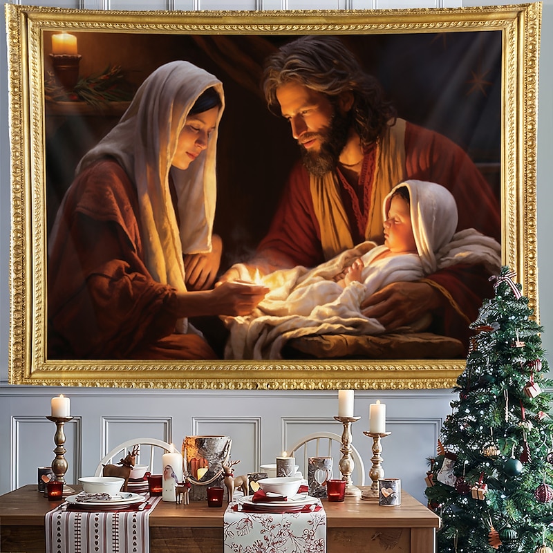 Christmas Decorations Nativity Scene Jesus Baptism Hanging Tapestry Wall Art Xmas Large Tapestry Mural Decor Photograph Backdrop Blanket Curtain Home Bedroom Living Room Decoration2