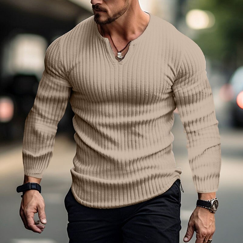 Men's T Shirt Henley Shirt Muscle Shirt Ribbed Knit tee Tee Top Long Sleeve Plain Pit Strip Fashion Designer Basic Classic V Neck Vacation Street Going out Spring &  Fall Black White khaki Henley2