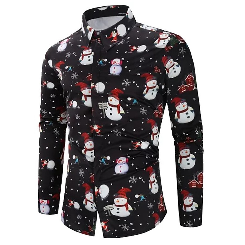 Christmas Men's Christmas Scene Printed Shirts Shirts Snowman Casual Outdoor Street Fall & Winter Turndown Long Sleeve Black S M L