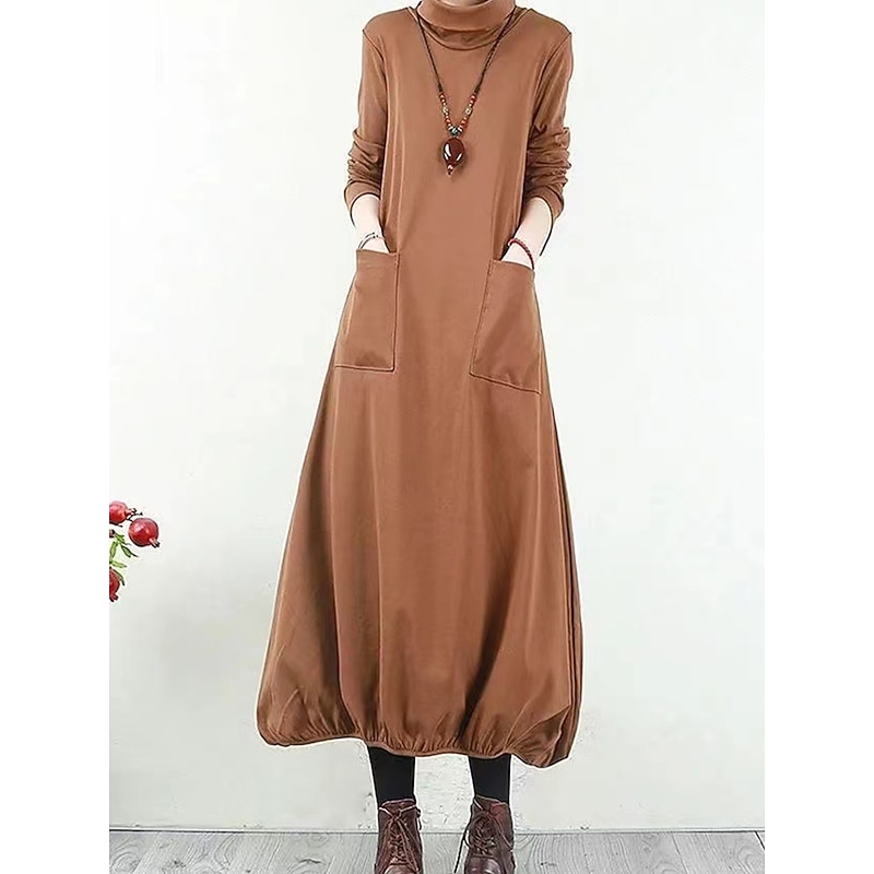 Women's Black Dress Long Dress Maxi Dress Polyester Ruched Pocket Daily Date Active Fashion Turtleneck Long Sleeve Black Wine Khaki Color3
