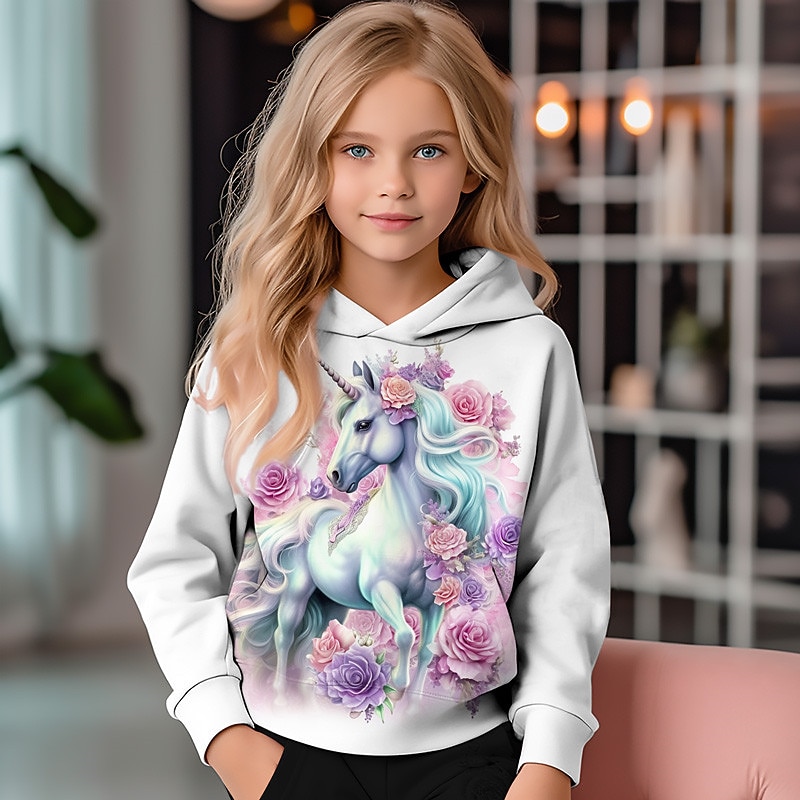 Girls' 3D Unicorn Hoodie Pullover Long Sleeve 3D Print Fall Winter Active Fashion Cute Polyester Kids 3-12 Years Outdoor Casual Daily Regular Fit2