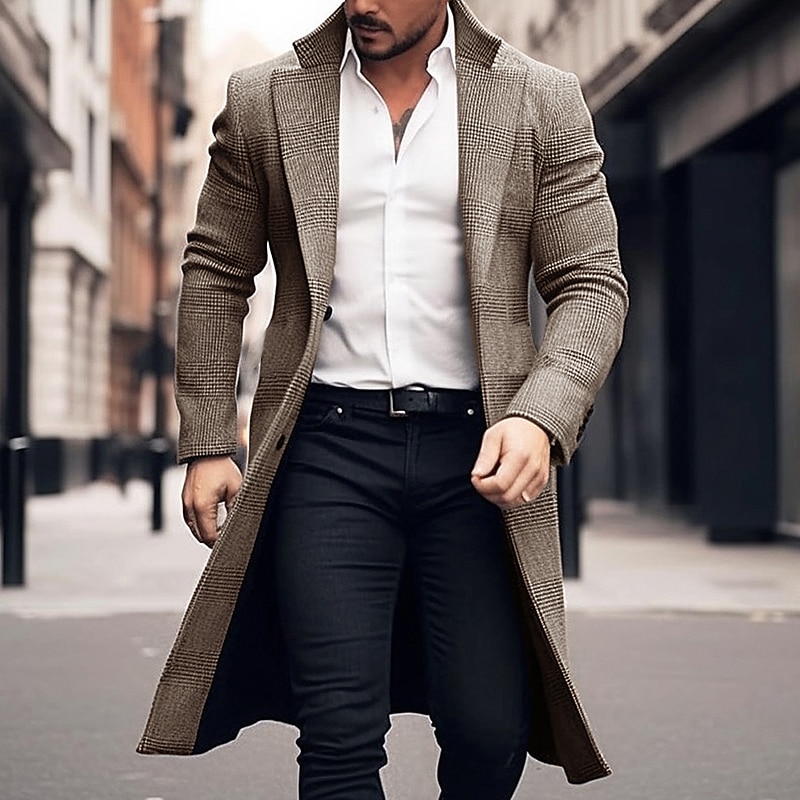 Men's Winter Coat Wool Coat Overcoat Office & Career Daily Wear Winter Polyester Thermal Warm Washable Outerwear Clothing Apparel Fashion Warm Ups Plain Pocket Lapel Single Breasted