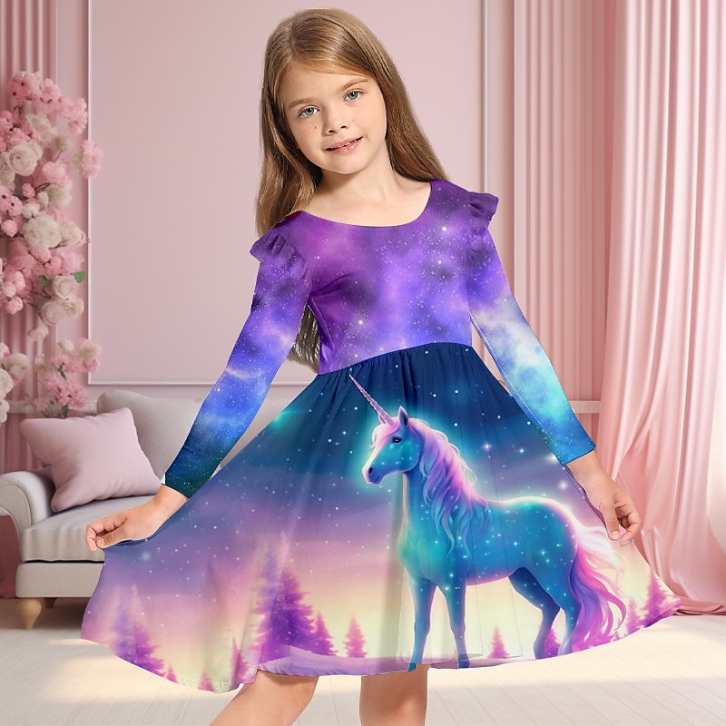 Girls' 3D Galaxy Unicorn Ruffle Dress Long Sleeve 3D Print Fall Winter Vacation Sports & Outdoor Daily Cute Casual Beautiful Kids 3-12 Years Casual Dress A Line Dress Above Knee Regular Fit4