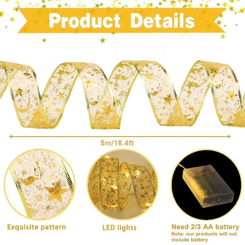 1Pcs Gold Christmas Ribbon Fairy Lights196.85inch 50 LED Lights Battery Powered Copper Fairy Strings LightsRibbon Bows Lights For Garden Decor Home Decor Living Room Halloween Christmas Wedding2