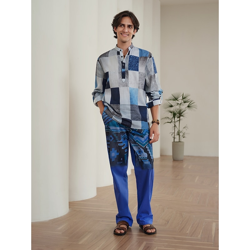 Men's Geometic Ethnic Linen Pants Beach Pants Mid Waist Streetwear Hawaiian Designer Casual Daily Holiday Drawstring Elastic Waist 3D Print Spring & Summer 3D Print Yellow Blue Green3