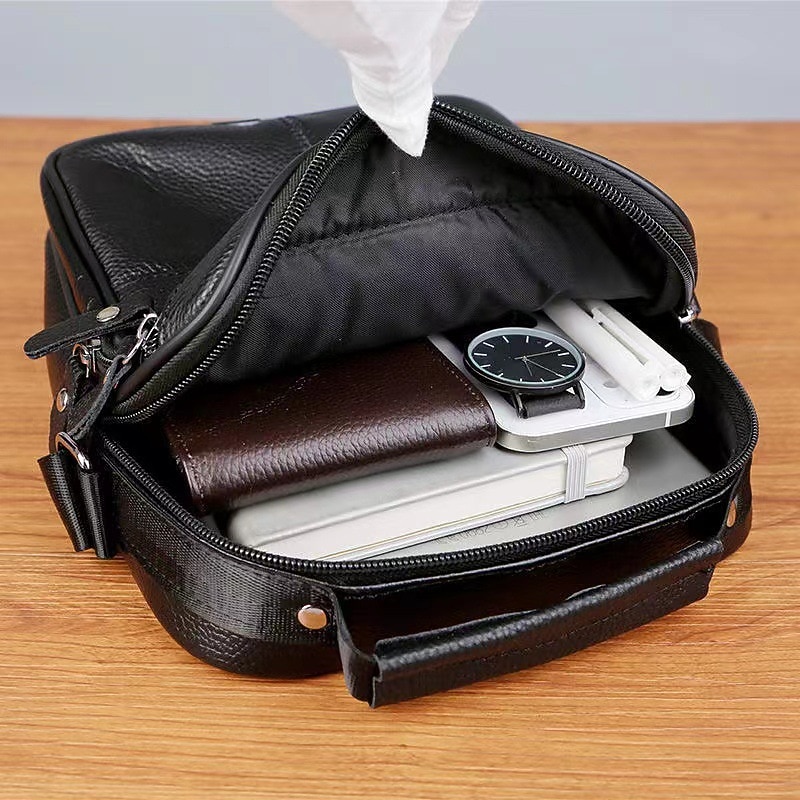 Men's Black Leather Crossbody Messenger Bag – Multi-Pocket Shoulder Bag with Zipper Closure for Work, Travel & Daily Use4