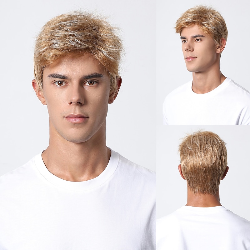 Synthetic Wig kinky Straight Middle Part Layered Haircut Machine Made Wig 8 inch Light golden Synthetic Hair Men's Cosplay Party Fashion Blonde Christmas Party Wigs - Main Image
