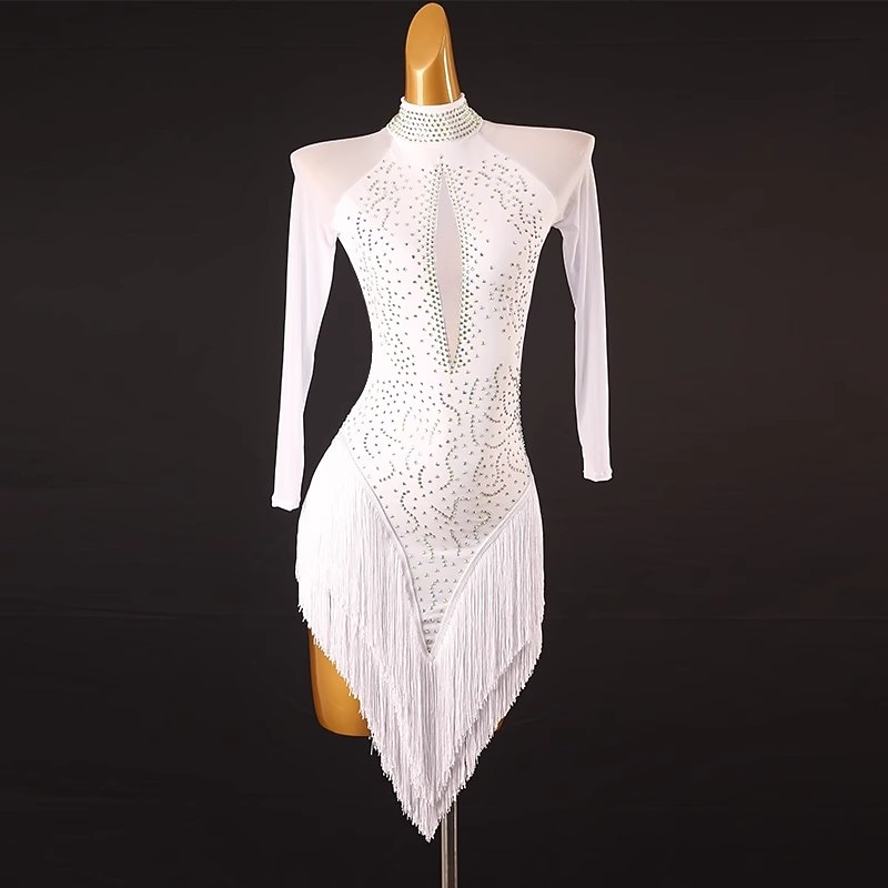 Dance Salsa Latin Dance Dress Tassel Pure Color Splicing Women's Performance Training Long Sleeve Chinlon Mesh Spandex3
