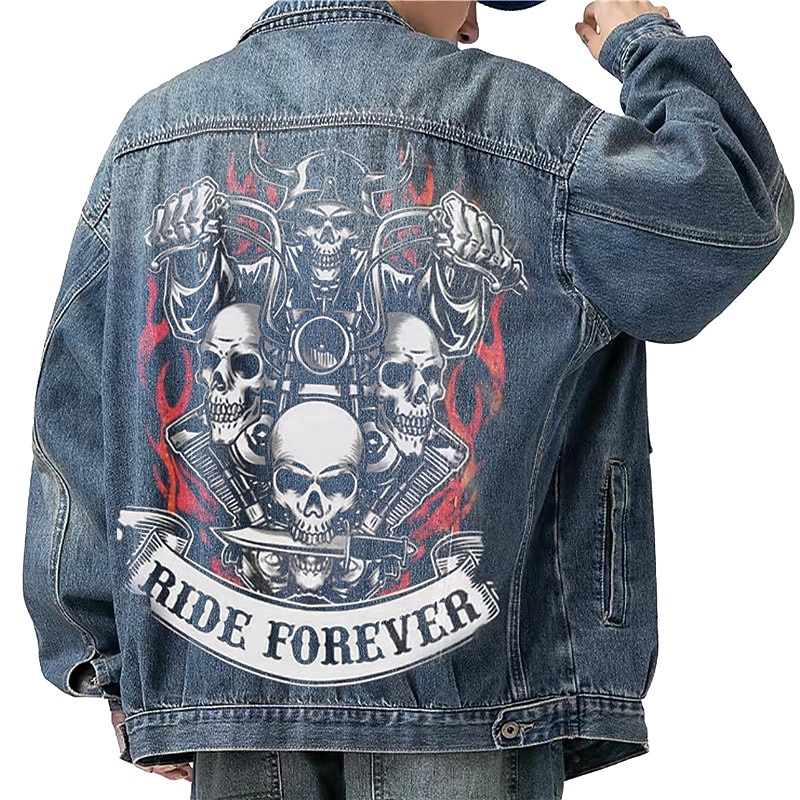 Men's Skulls Coat Jean Jacket Denim Jacket Comfortable Breathable Casual Sports & Outdoor Going out Weekend Buttons Print Fall & Winter Turndown Long Sleeve Black Blue3