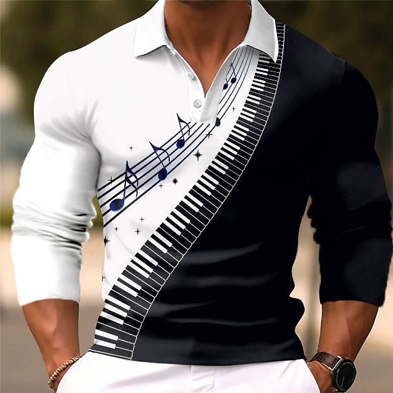 Music Festival Men's Music Polo Shirts Golf Shirt Long Sleeve Polo Shirts Collared Shirts Casual Vacation Wear Festival Wear Party Outfits 3D Print Buttons Fall & Winter Black White Wine4