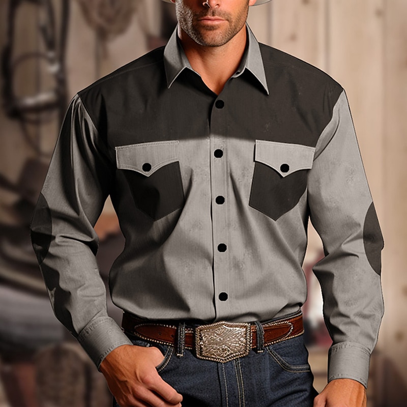 Men's Cowboy Western Shirt Button Up Shirt Cowboy Shirt Long Sleeve Vintage Western Style Casual Daily Spring Fall & Winter Turndown 3D Print Front Pocket khaki Gray2
