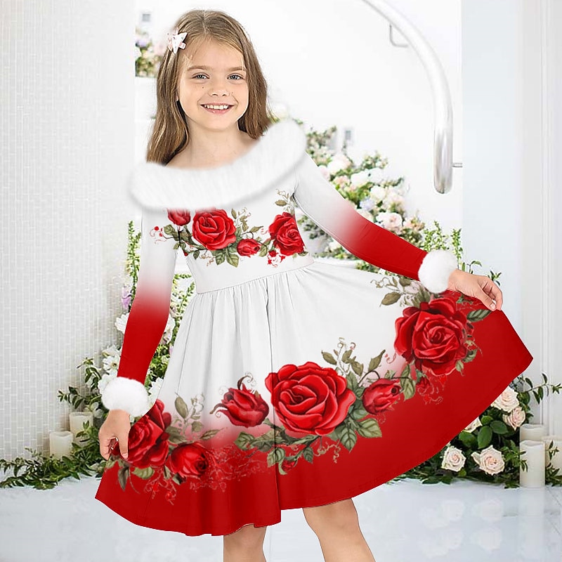 Girls' 3D Floral Dress Long Sleeve 3D Print Fall Winter Sports & Outdoor Daily Holiday Cute Casual Beautiful Kids 3-12 Years Casual Dress Swing Dress A Line Dress Above Knee Polyester Regular Fit2
