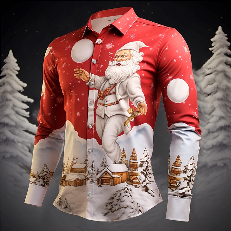 Christmas Men's Santa Claus Printed Shirts Santa Claus Casual Outdoor Street Fall & Winter Turndown Long Sleeve Red Orange Green S M L Shirt