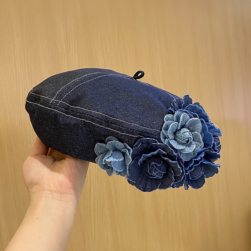 Vintage Flower Decor Beret Cap For Women Blue Denim Washed Berets Lightweight Octagonal Hat Classic Painter Hats3