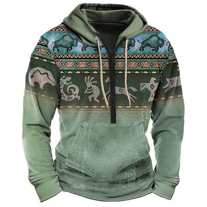Men's Color Block Tribal Graphic Prints Hoodie Hoodies Sweatshirt Daily Ethnic Long Sleeve Half Zip Holiday Going out Streetwear Bronze Dark Green Print Spring &  Fall Designer2
