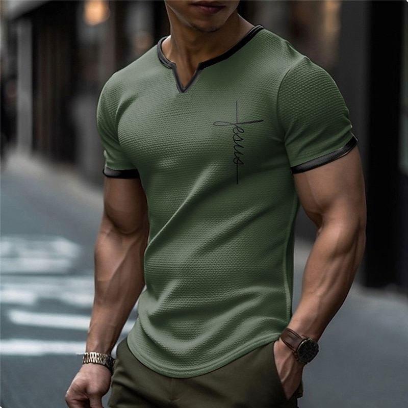 Men's Letter Faith Graphic Tee Waffle T Shirt Short Sleeve T shirt 3D Print V Neck Shirt Designer Casual Outdoor Vacation Daily Blue Brown Green Spring & Summer Clothing Apparel S M L XL 2XL 3XL4