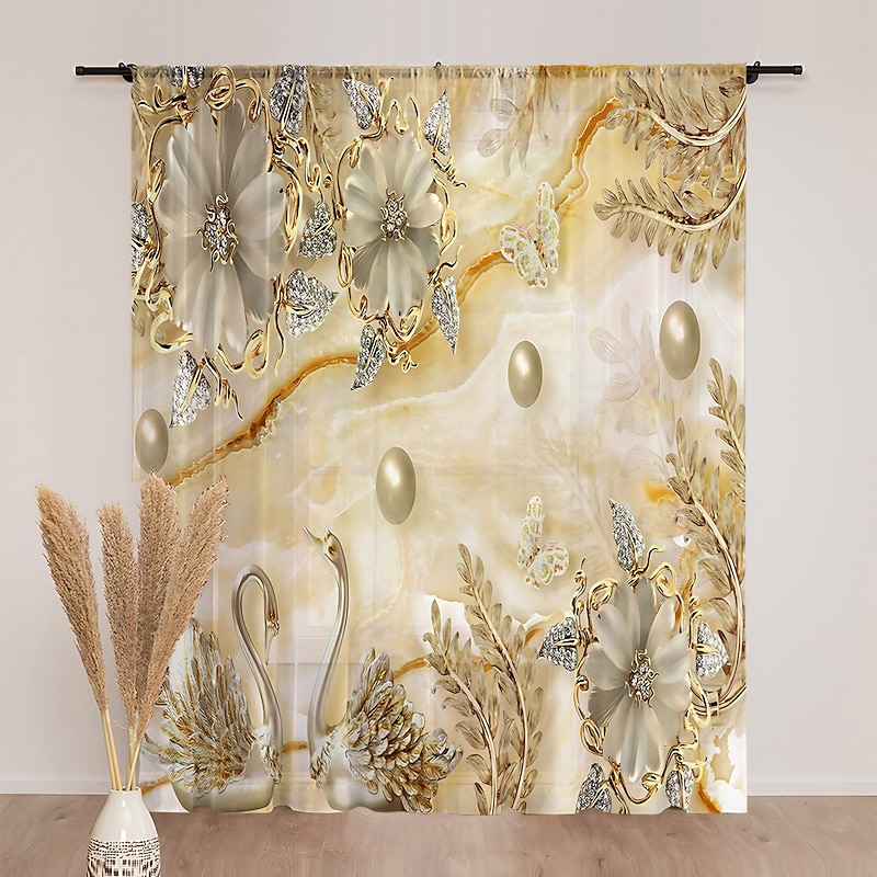 Floral Sheer Curtain Panels Curtain Drapes For Living Room Bedroom, Farmhouse Curtain for Kitchen Balcony Door Window Treatments Room Darkening