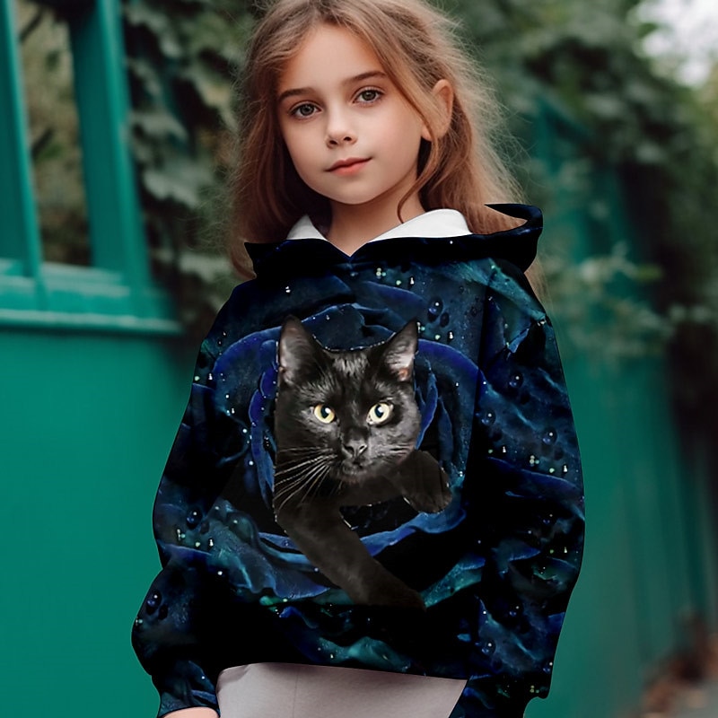 Girls' 3D Cat Hoodie Pullover Long Sleeve 3D Print Fall Winter Active Fashion Cute Polyester Kids 3-12 Years Outdoor Casual Daily Regular Fit3