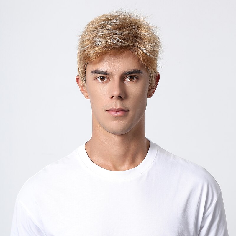 Synthetic Wig kinky Straight Middle Part Layered Haircut Machine Made Wig 8 inch Light golden Synthetic Hair Men's Cosplay Party Fashion Blonde Christmas Party Wigs2