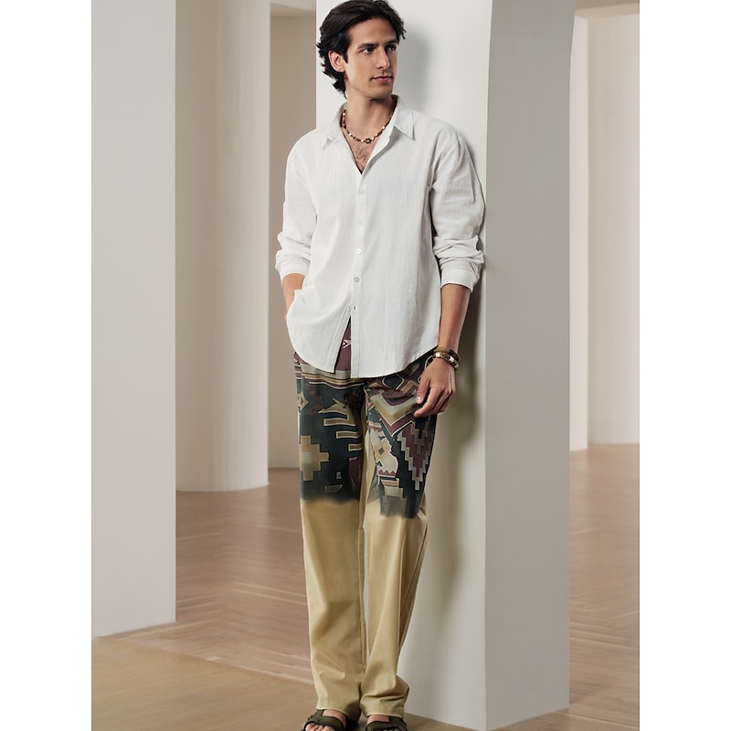 Men's Geometic Ethnic Linen Pants Beach Pants Mid Waist Streetwear Hawaiian Designer Casual Daily Holiday Drawstring Elastic Waist 3D Print Spring & Summer 3D Print Yellow Blue Green4