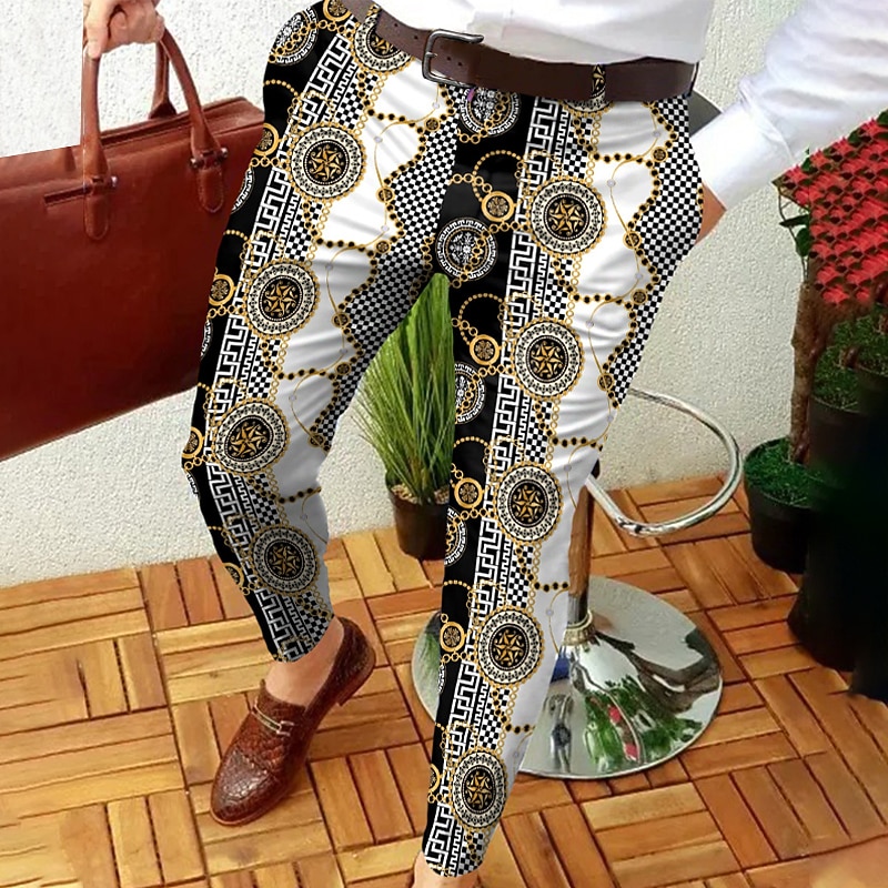 Men's Trousers Chinos Jogger Pants Pocket Print Straight Leg Lattice Graphic Prints Comfort Outdoor Daily Going out Fashion Streetwear White Yellow3