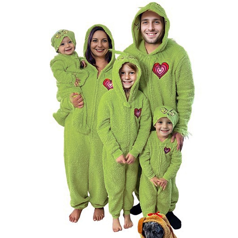 Santa Claus Green Monster Furry Family Christmas Pajamas Nightwear Christmas Pajamas Men's Women's Boys' Girls' Christmas Cosplay Costume Kid's Adults' Christmas Masquerade Christmas Eve Christmas