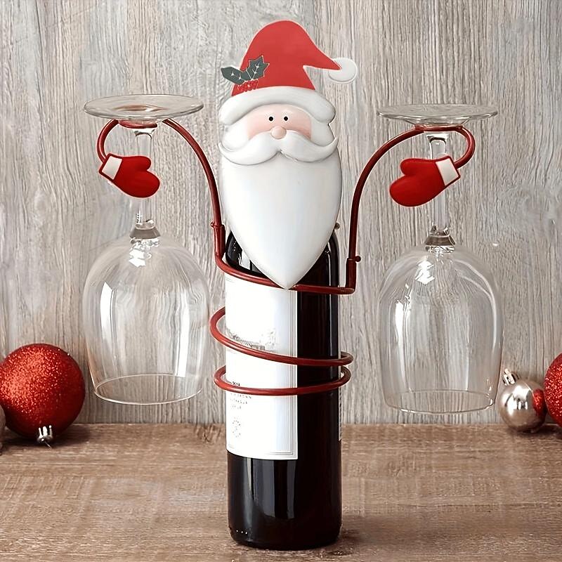 Christmas Holiday Wine Bottle Glass Holders, Festive Red Wine Rack with Hanging Glass Organizer, Holiday Party Table Decoration for Christmas Dinner Bar Home Décor2