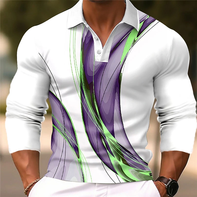 Men's Geometric Polo Shirts Golf Shirt Long Sleeve Polo Shirts Collared Shirts Business Casual WorkWear Formal Wear Festival Wear 3D Print Buttons Fall & Winter Blue Purple Brown3