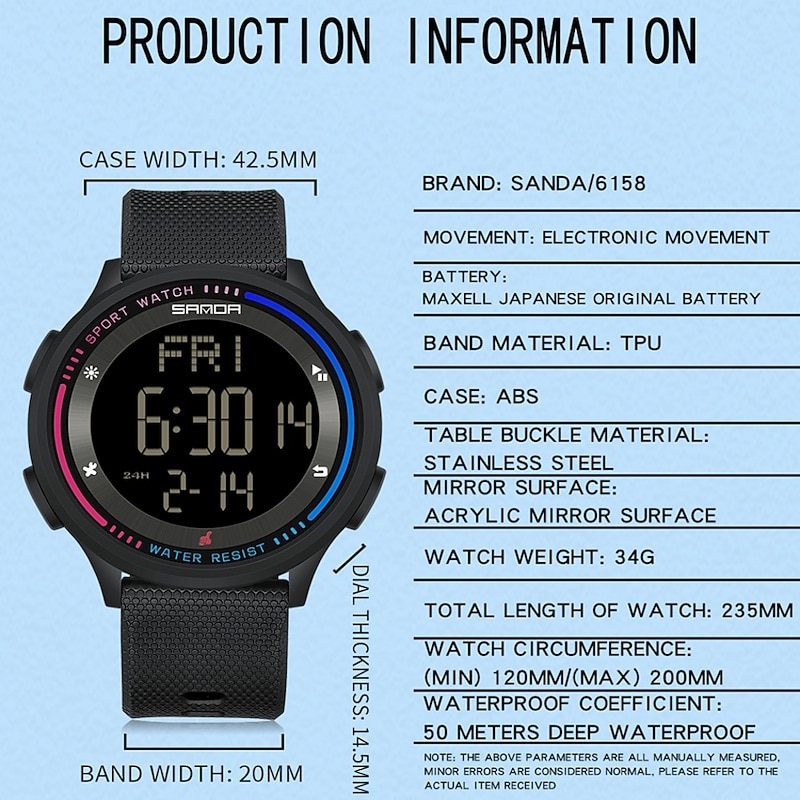 SANDA 6158 Men LED Digital Military Watch Man Sports Watches Outdoor 5Bar Waterproof Wristwatches Male Clock4