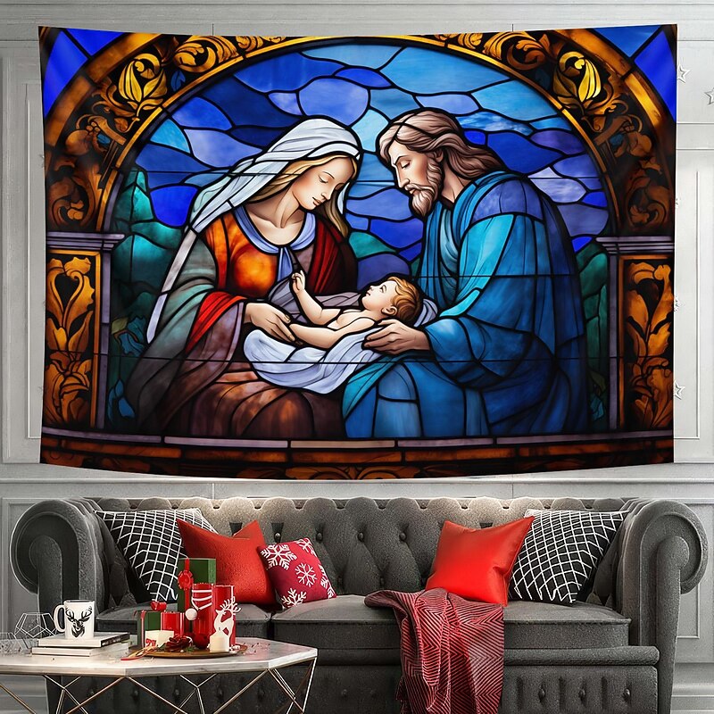 Christmas Decorations Nativity Scene Hanging Tapestry Stained Glass Wall Art Xmas Large Tapestry Mural Decor Photograph Backdrop Blanket Curtain Home Bedroom Living Room Decoration3