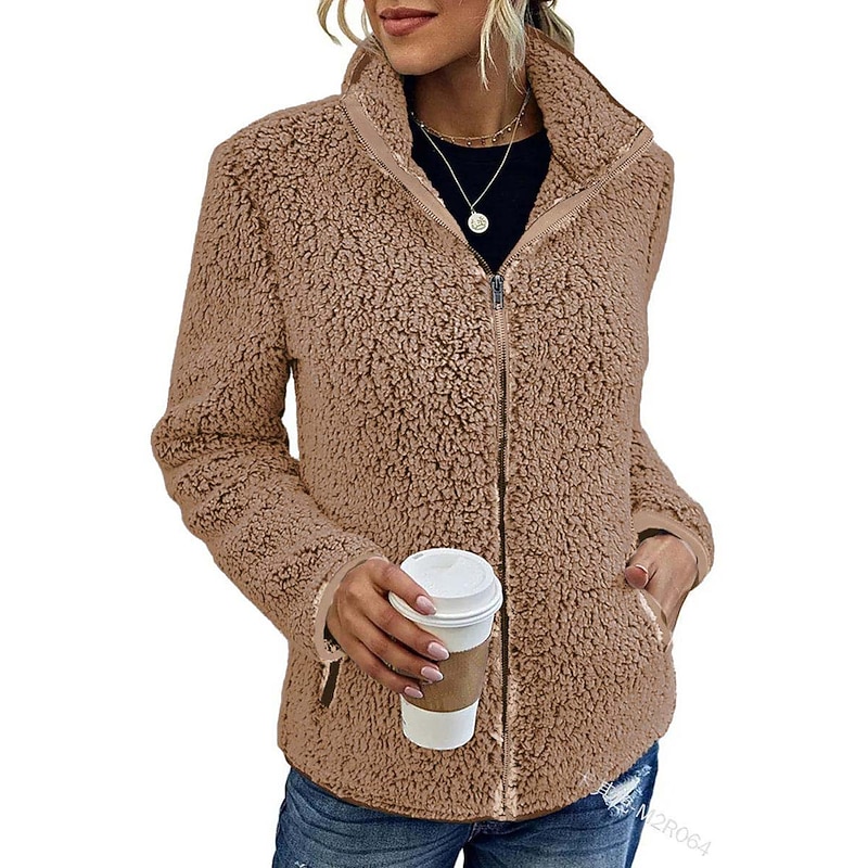 Women's Zip Up Sweatshirt Fleece Jacket Vintage Teddy Sherpa Fleece Fleece Solid Color Valentine's Day Street Casual V Neck Zip Up Pocket Long Sleeve Pink Blue Green Gray Fall & Winter2