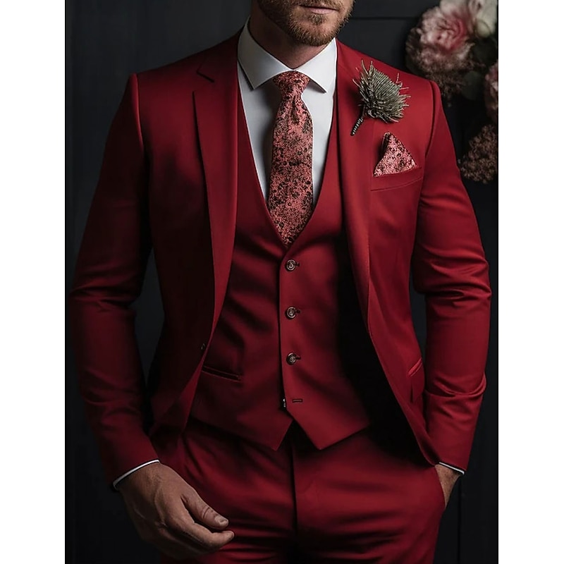 Men's Wedding Suits Notch Red Dark Blue Solid Colored Slim Fit 3 Piece Single Breasted One-button
