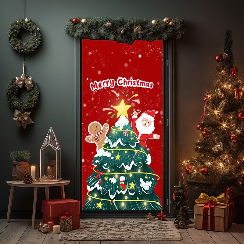 Christmas Door Decorations Ornaments Door Covers Door Tapestry Door Curtain Decoration Xmas Backdrop Door Banner for Front Door Holiday Party Decor Supplies4
