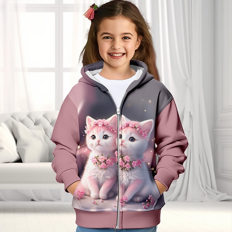 Girls' 3D Cat Hoodie Coat Outerwear Long Sleeve 3D Print Fall Winter Active Fashion Cute Kids 3-12 Years Outdoor Casual Daily Regular Fit3