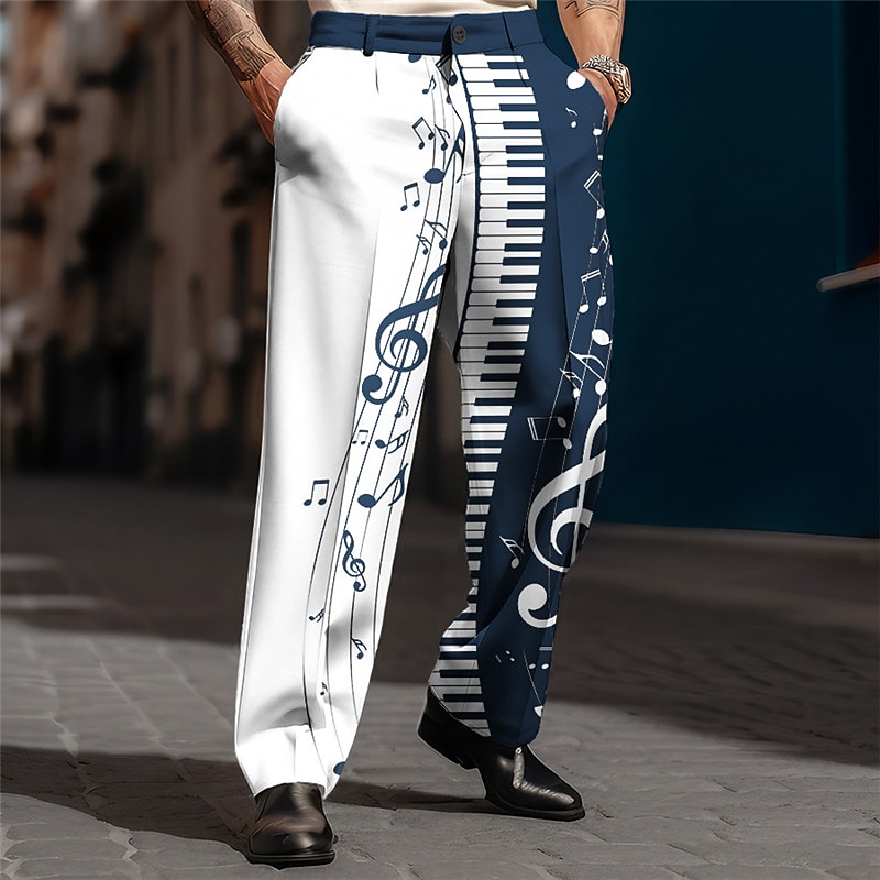 Notes Pano Keys Business Casual Men's 3D Print Pants Trousers Outdoor Street Wear to work Polyester Wine Black Navy Blue S M L High Elasticity Pants2