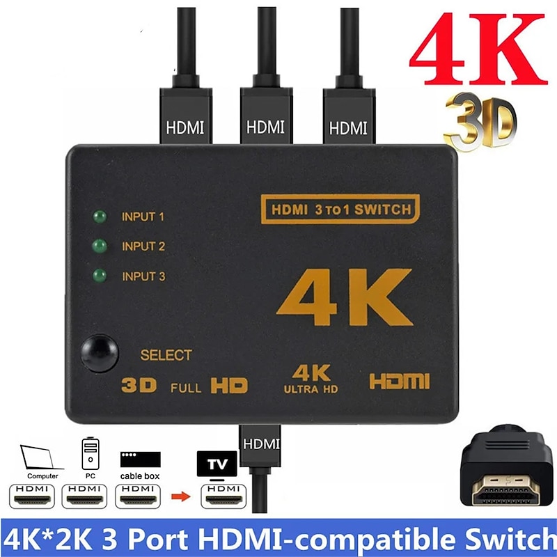 4K 2K 3x1 HDMI Cable Splitter HD 1080P Video Switcher Adapter 3 Input 1 Output Port HDMI Hub for Xbox PS4 DVD HDTV PC Laptop TV