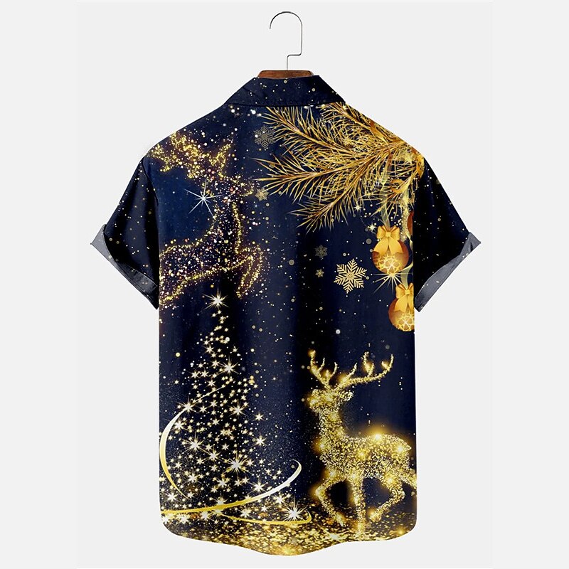 Christmas Men's Christmas tree Printed Shirts Elk Tree Casual Outdoor Street Fall Turndown Short Sleeve Dark Blue S M L Shirt2