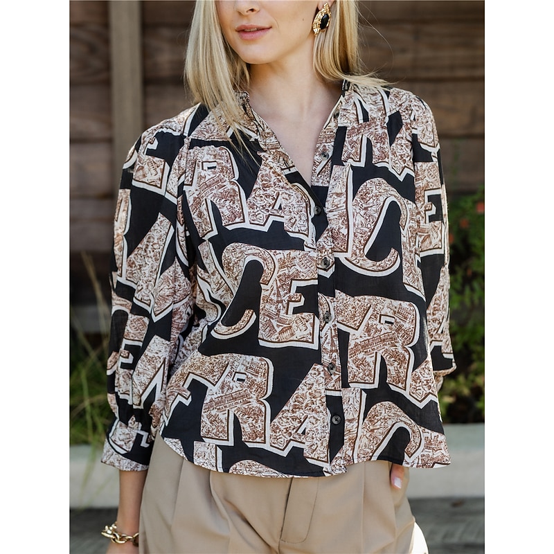 Casual Letter Print Round Neck Shirt Blouse3