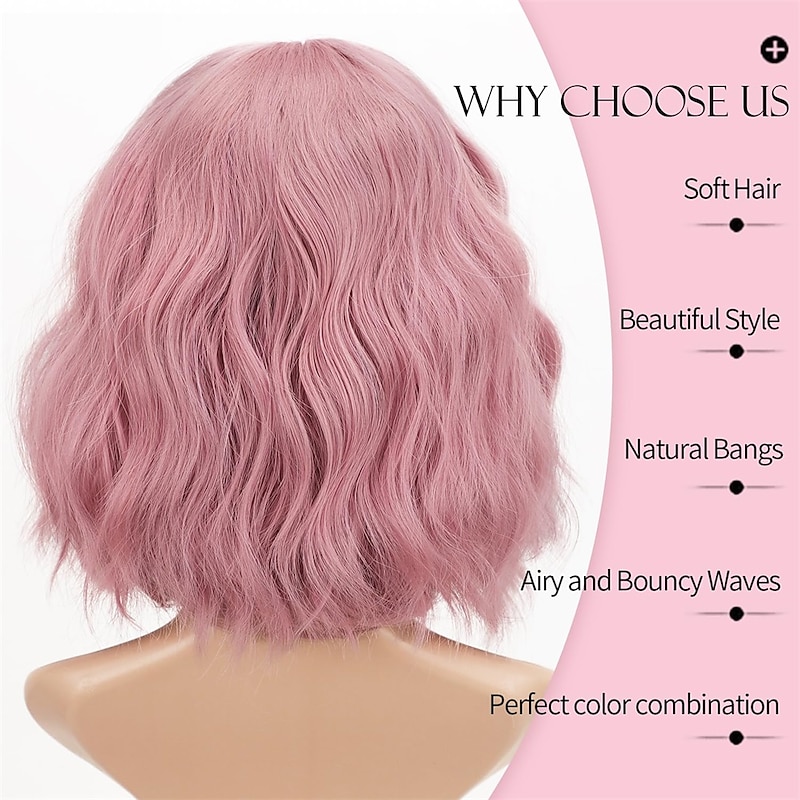 Pink Wig with Bangs Short Bob Wavy Pastel Pink Wigs for Women Curly Shoulder Length Bob Synthetic Natural Looking Wigs for Girls Daily Use3