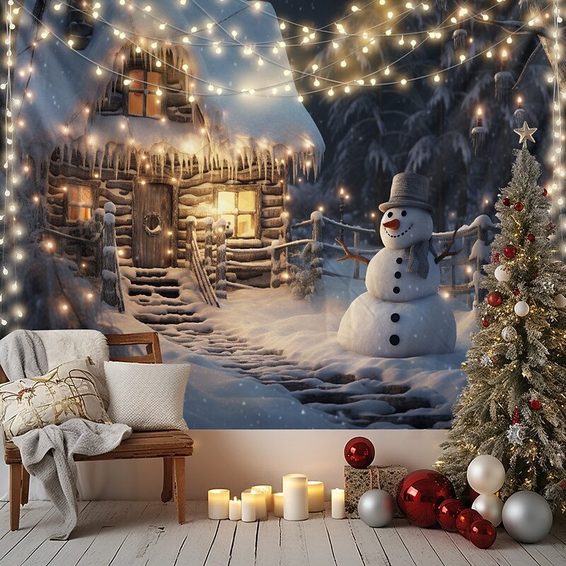 Christmas Decorations Hanging Tapestry Snowman Snow Winter Wonderland Wall Art Xmas Large Tapestry Mural Decor Photograph Backdrop Blanket Curtain Home Bedroom Living Room Decoration4