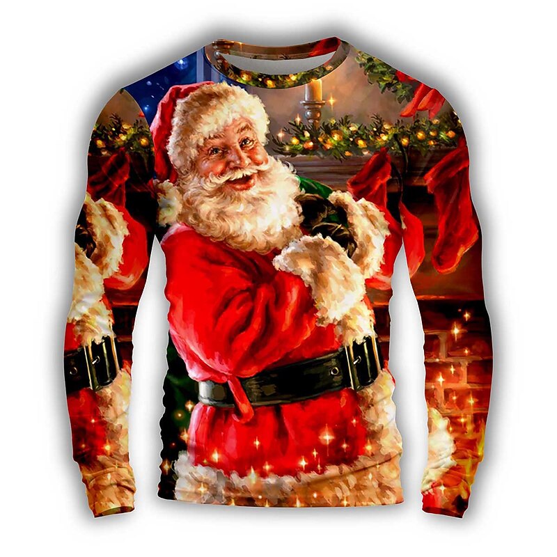 Christmas Men's Graphic Santa Claus Merry Christmas T Shirt Long Sleeve T shirt 3D Print Crew Neck Shirt Daily Outdoor Casual Party Casual Holiday Red Spring &  Fall Clothing Apparel Normal S M L XL