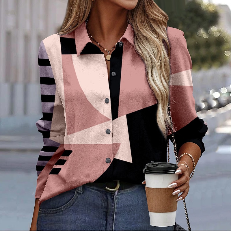 Women's Shirt Button Down Tunic Shirt Collar Long Sleeve Fashion Color Block s Print Regular Tops Casual Pink Blue Purple Green Khaki Spring & Fall