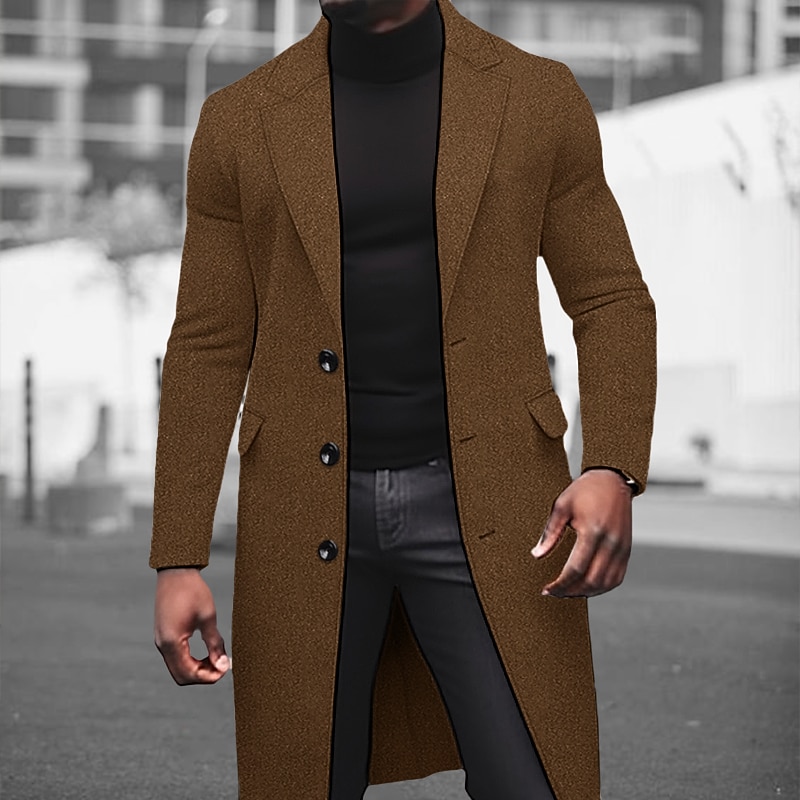 Men's Winter Coat Overcoat Long Trench Coat Outdoor Daily Wear Fall & Winter Polyester Thermal Warm Windproof Outerwear Clothing Apparel Fashion Streetwear Plain Lapel Single Breasted3