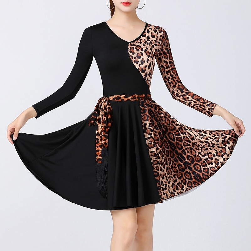 Latin Dance Dress Leopard Print Printing Splicing Women's Performance Training Long Sleeve High Spandex2