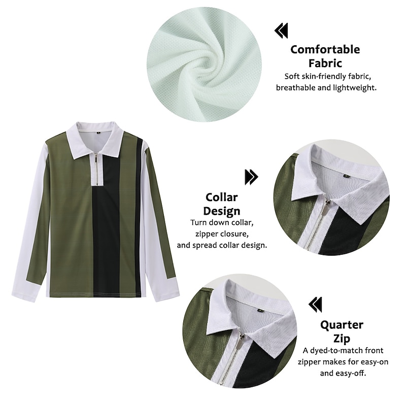 Men's Striped Zip Polo Shirts Golf Shirt Long Sleeve Polo Shirts Collared Shirts Business Casual WorkWear Formal Wear Festival Wear 3D Print Quarter Zip Polo Navy Blue Dark Green Brown2