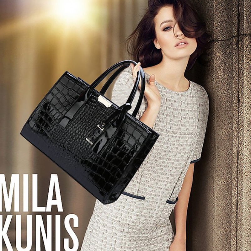 Women's Black Patent Leather Crocodile Pattern Handbag with Shoulder Strap - Elegant Office Tote Bag for Formal Occasions3